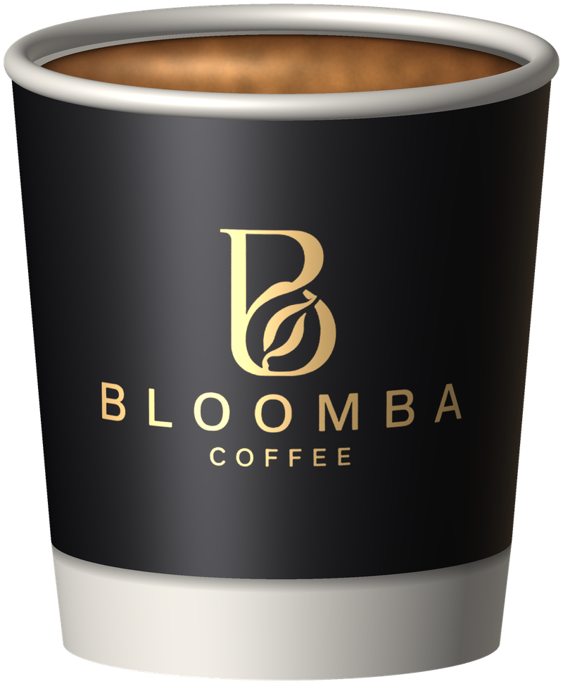 A Bloomba Coffee black and gold cup filled with fresh coffee