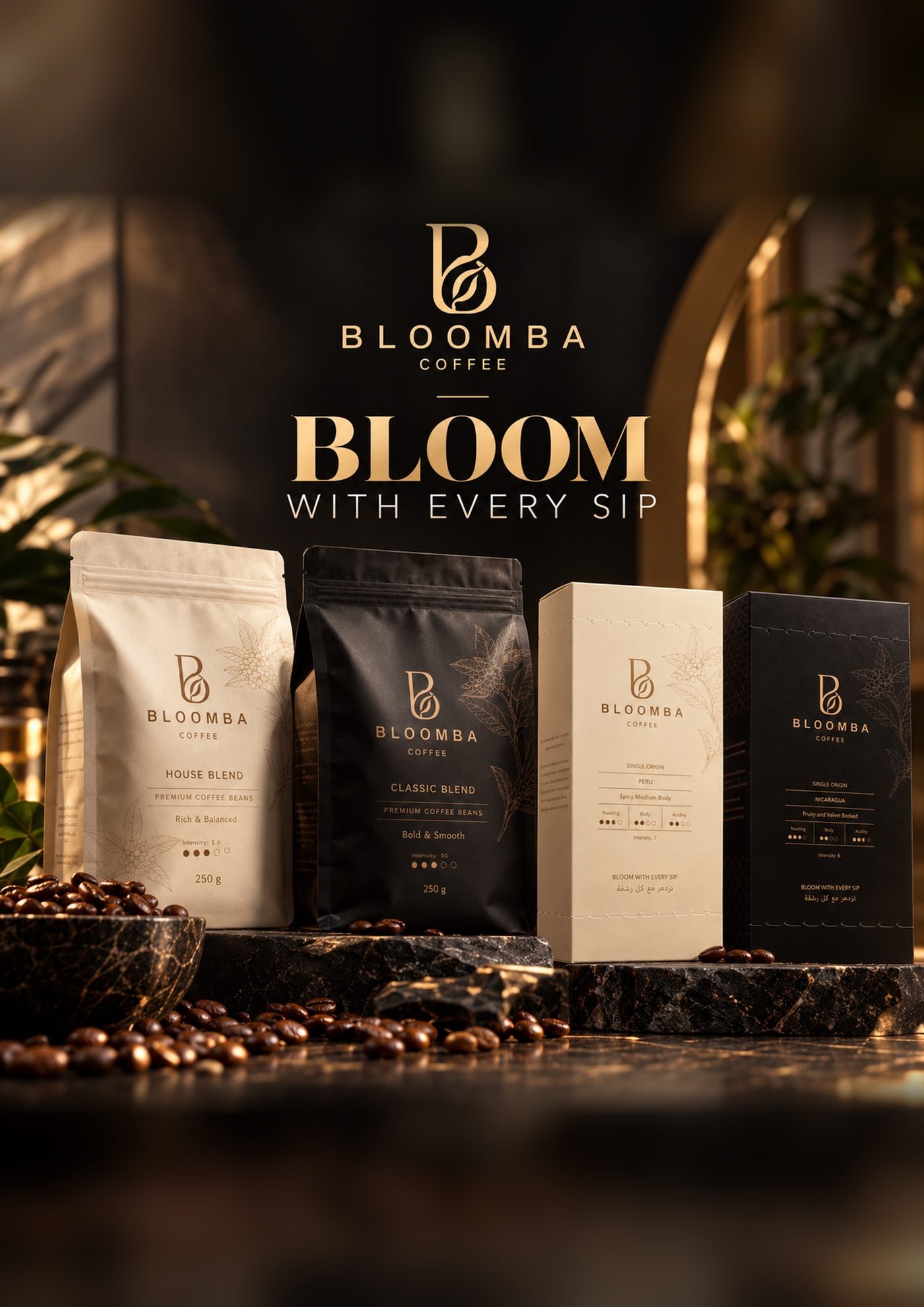 The Bloomba Coffee range: House Blend and Classic Blend bags, Peru and Nicaragua capsule boxes